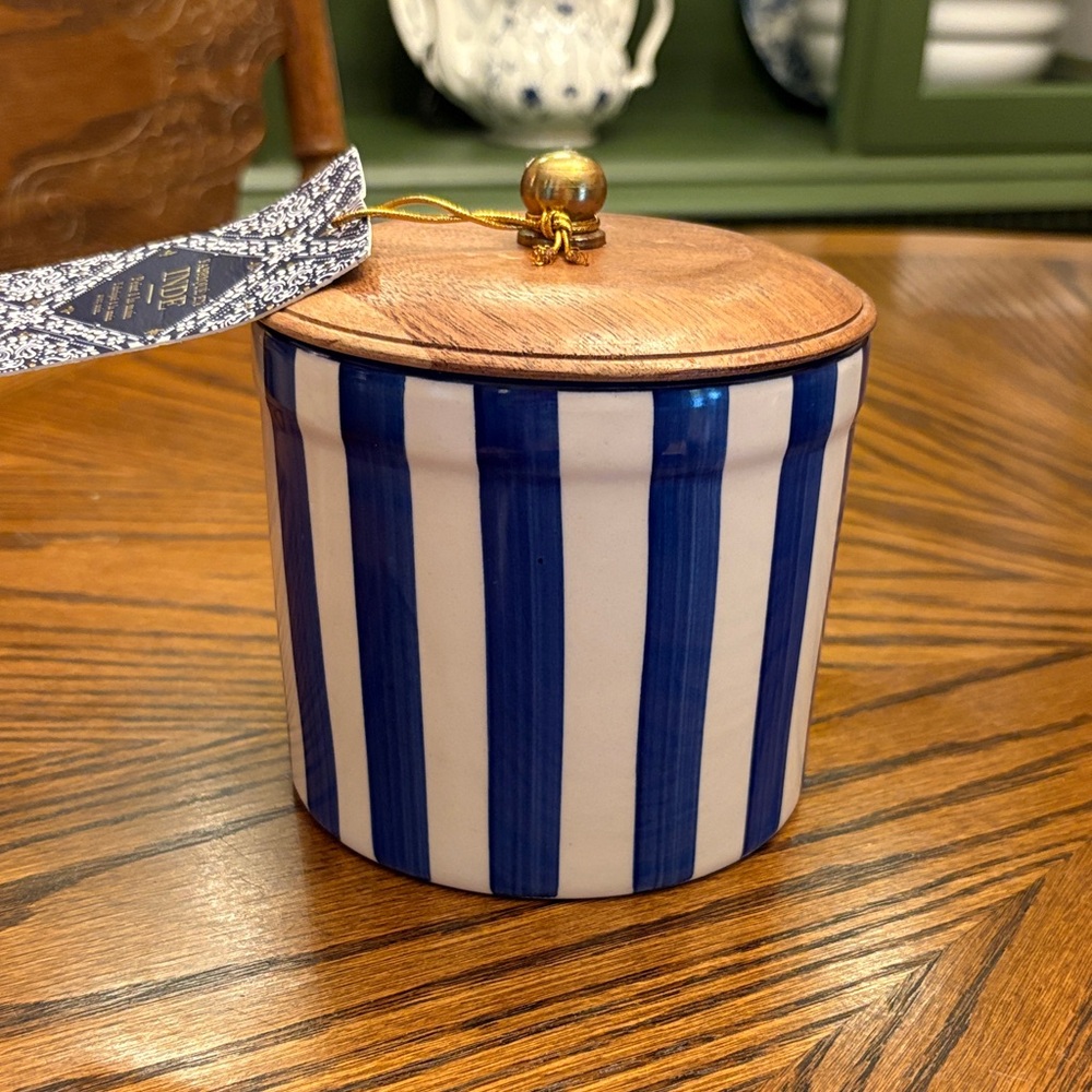 Blue and White Striped Ceramic Jar with Wooden Lid